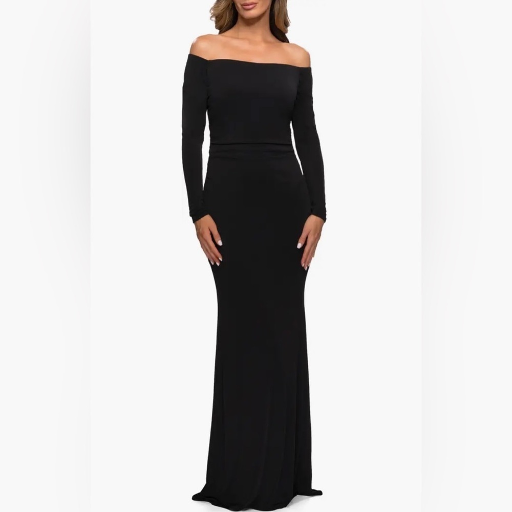 LA FEMME Long Sleeve Off The Shoulder Jersey Evening Gown